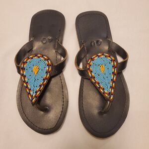 Hand Beaded Flip Flop Sandals Aztec Tribal Southwestern Womens Sz 8 Summer Beach